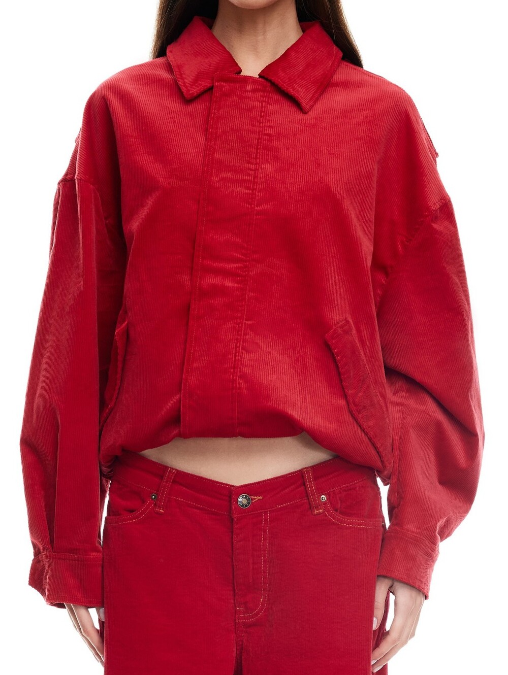 LIONESS Kenny Oversized Corduroy Bomber Jacket in Crimson Red | Size Small